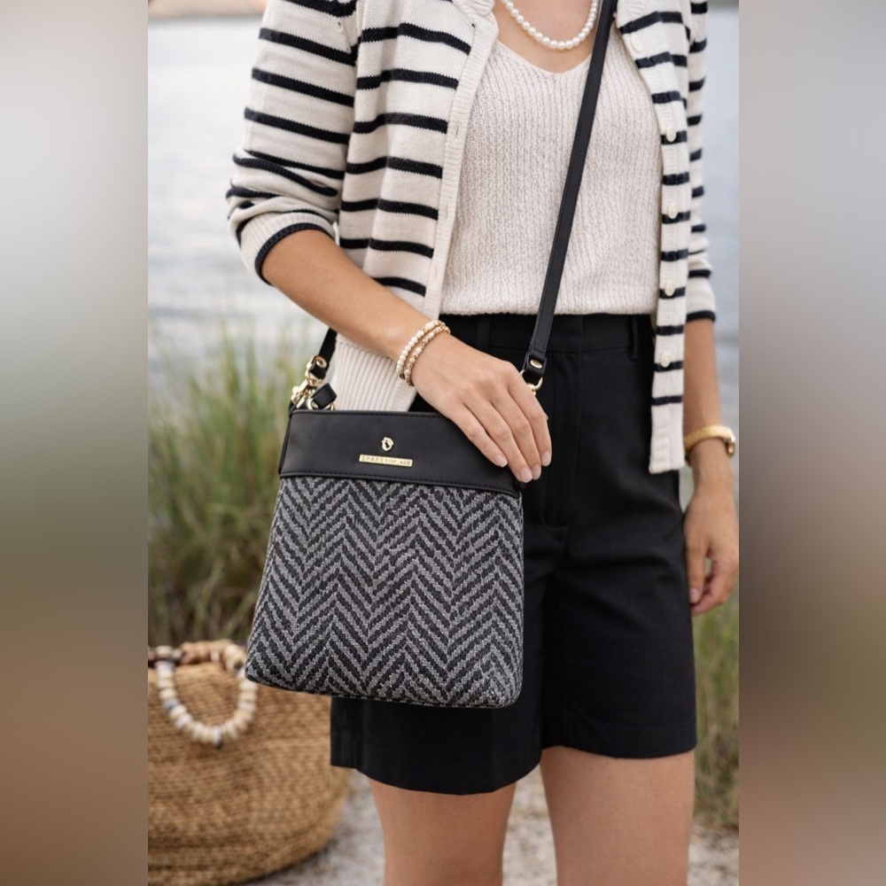 Spartina 449 Hipster Crossbody Bag Gray Black Herringbone Linen Leather Purse